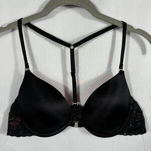 PINK Victoria's Secret Black Lace/Rhinestone Push Up Racerback Bra SZ 32B
